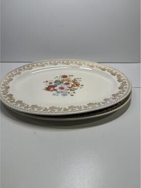 Vintage Oval Serving Platter Floral Gold Trim Cream Ceramic 14" Lot of 2